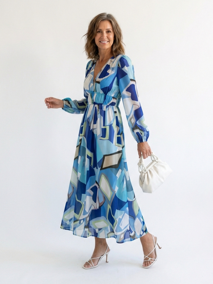 Emilia | Dames V-Hals Lange Mouw Bloemen Maxi Jurk