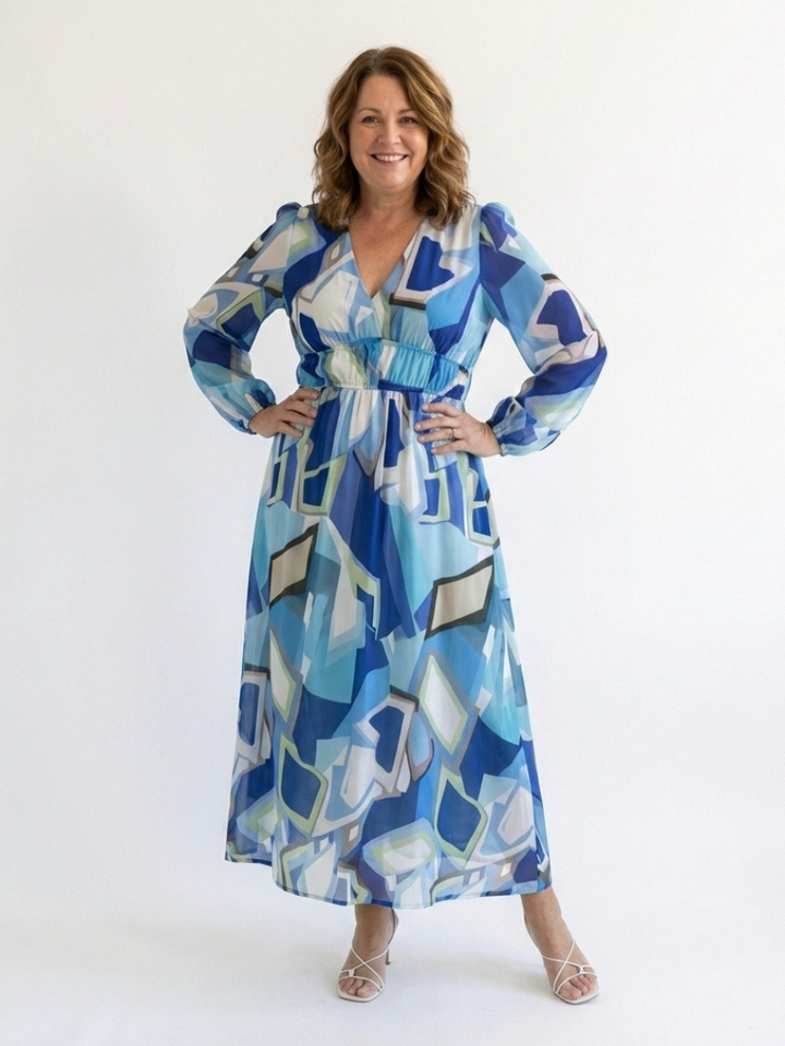 Emilia | Dames V-Hals Lange Mouw Bloemen Maxi Jurk
