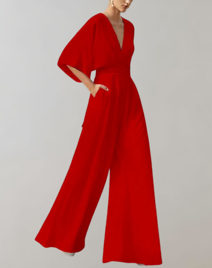 Esmeralda | Vrouwen V-Hals Brede Pijpen Jumpsuit