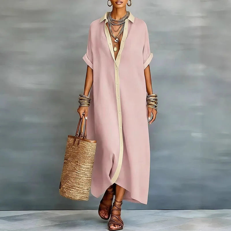 Evelina | Dames Knop-Down Maxi Shirt Jurk