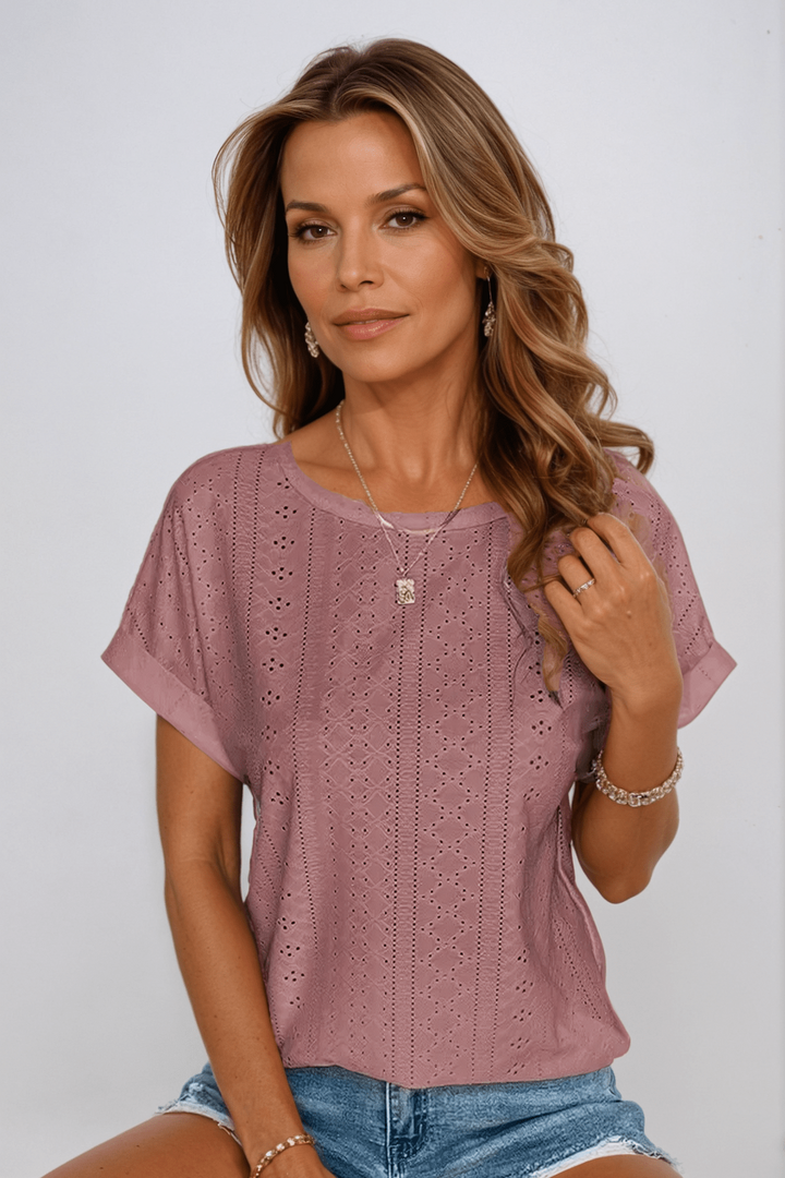 Parel | Dames Eyelet Geborduurde Crew Neck Korte Mouwen Top