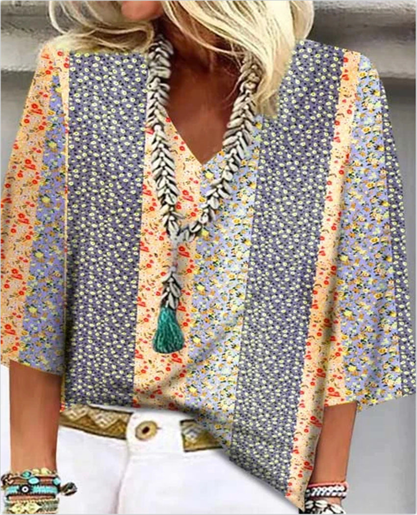 Mozaïek | Dames Ditsy Bloemen Patchwork V-Hals 3/4 Mouwen Top