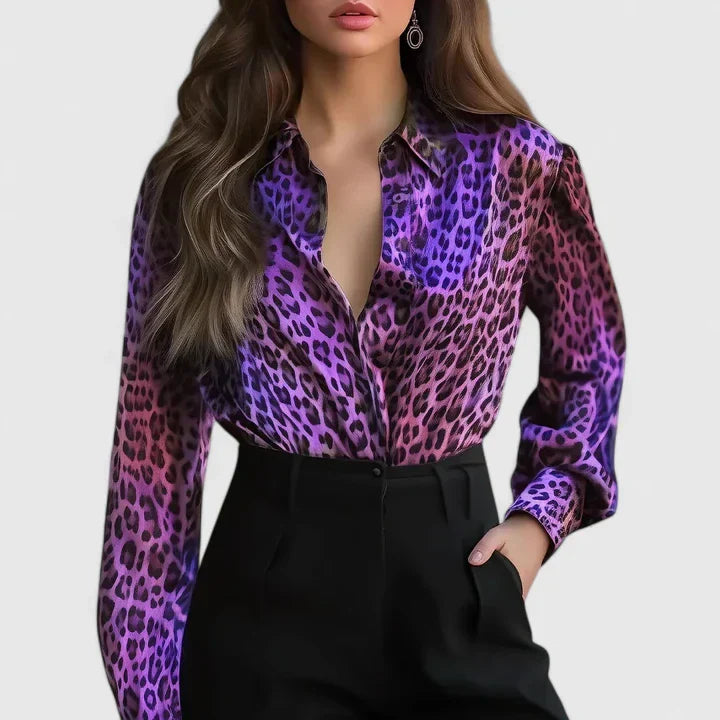 Fleur | Dames Blouse met Lange Mouwen en Luipaardprint