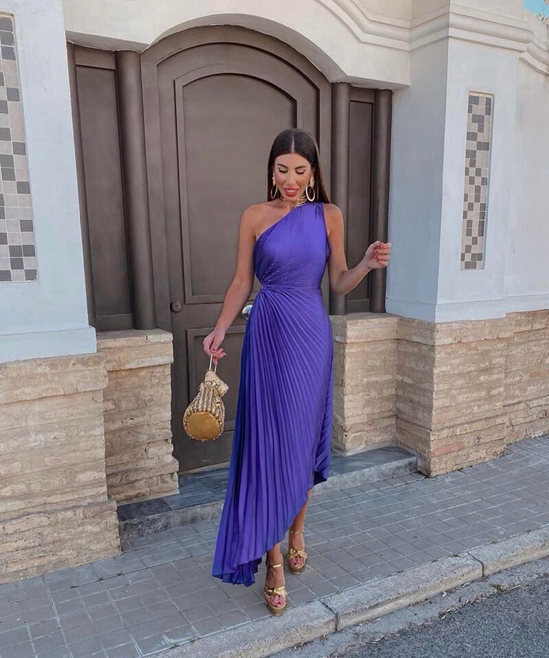 Pioenroos | Dames Bruiloft Gast One Shoulder Asymmetrische Midi Jurk Avond
