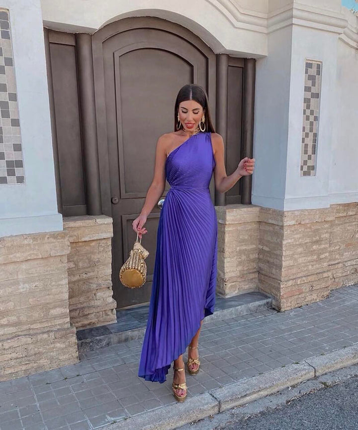 Pioenroos | Dames Bruiloft Gast One Shoulder Asymmetrische Midi Jurk Avond