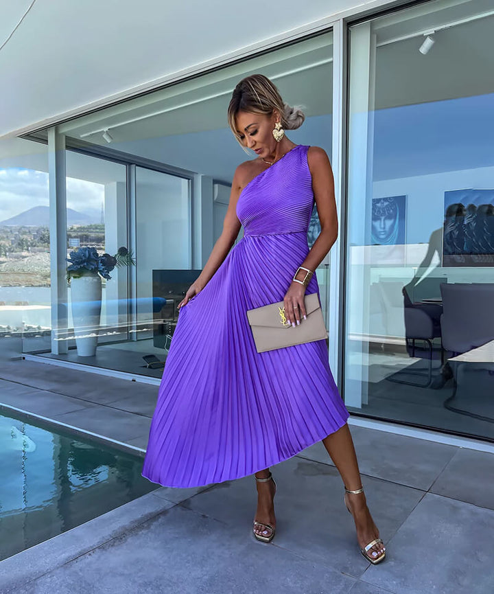 Pioenroos | Dames Bruiloft Gast One Shoulder Asymmetrische Midi Jurk Avond