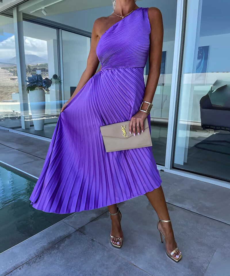 Pioenroos | Dames Bruiloft Gast One Shoulder Asymmetrische Midi Jurk Avond