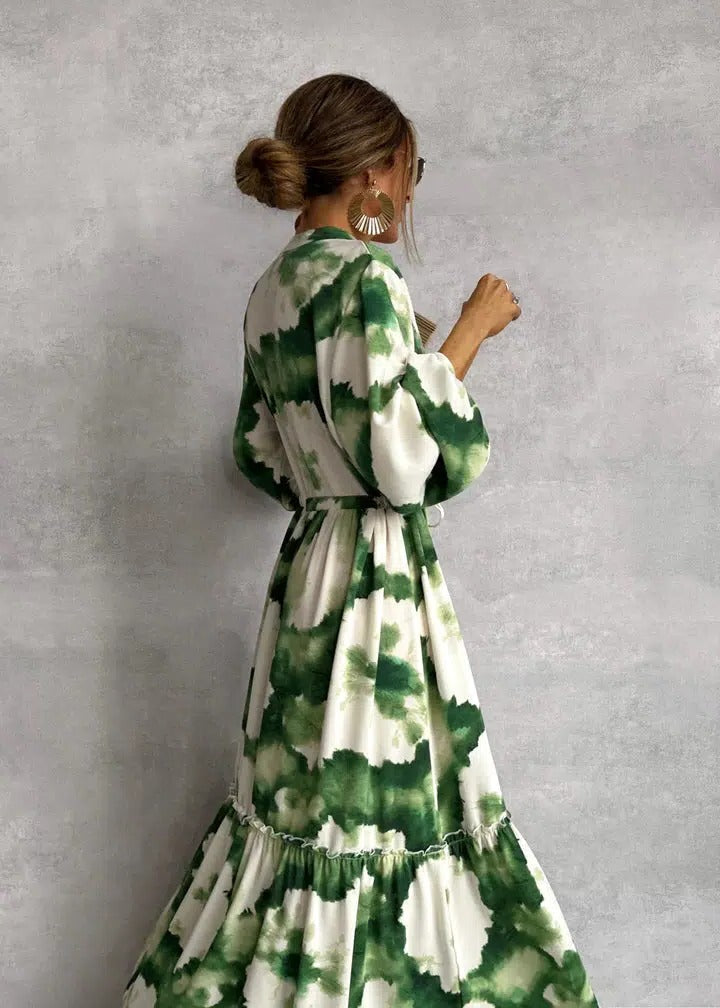 Celeste | Dames Tie-Dye Maxi Jurk met Ceintuur en Lange Mouwen