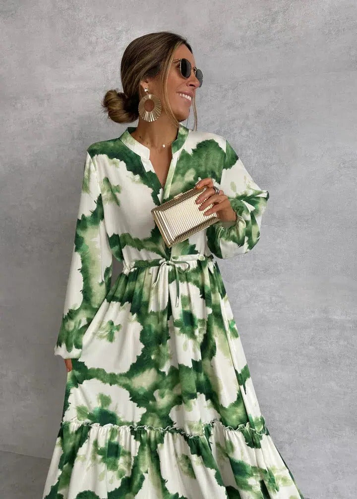 Celeste | Dames Tie-Dye Maxi Jurk met Ceintuur en Lange Mouwen