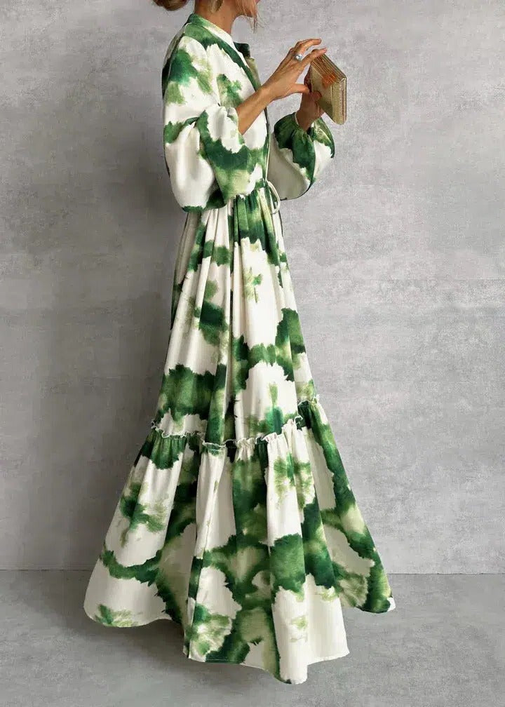 Celeste | Dames Tie-Dye Maxi Jurk met Ceintuur en Lange Mouwen