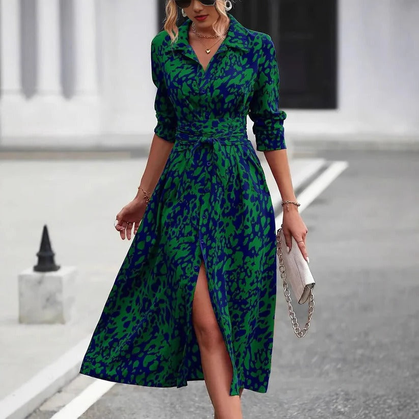 Valentina | Dames Abstracte Print Knopjurk met Ceintuur Midi