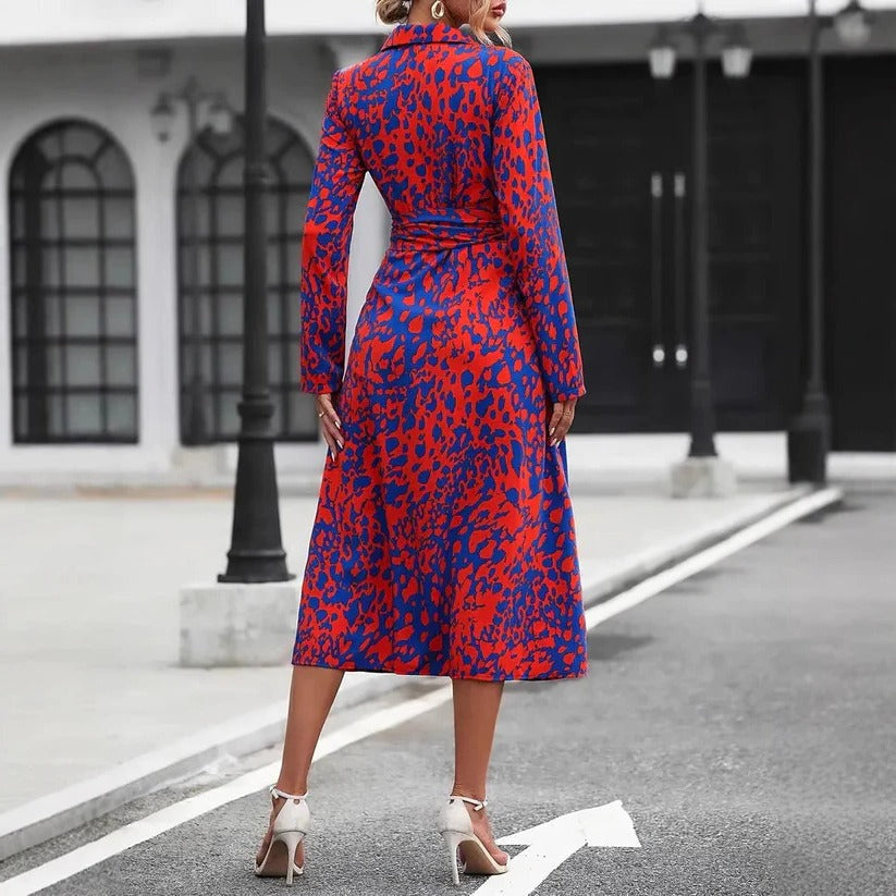 Valentina | Dames Abstracte Print Knopjurk met Ceintuur Midi
