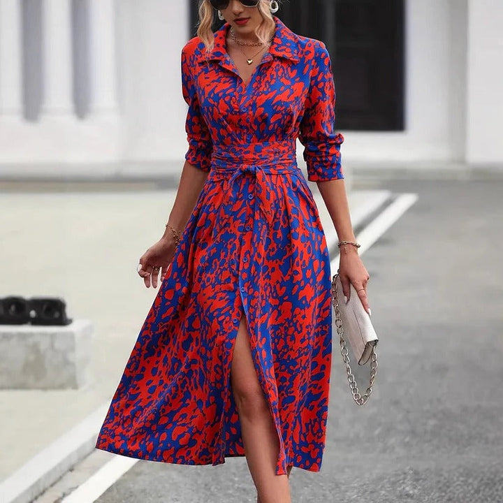 Valentina | Dames Abstracte Print Knopjurk met Ceintuur Midi