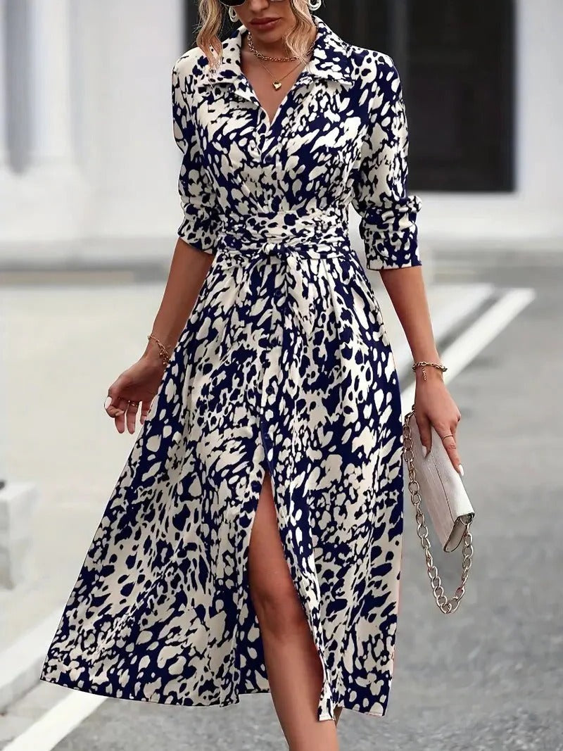Valentina | Dames Abstracte Print Knopjurk met Ceintuur Midi