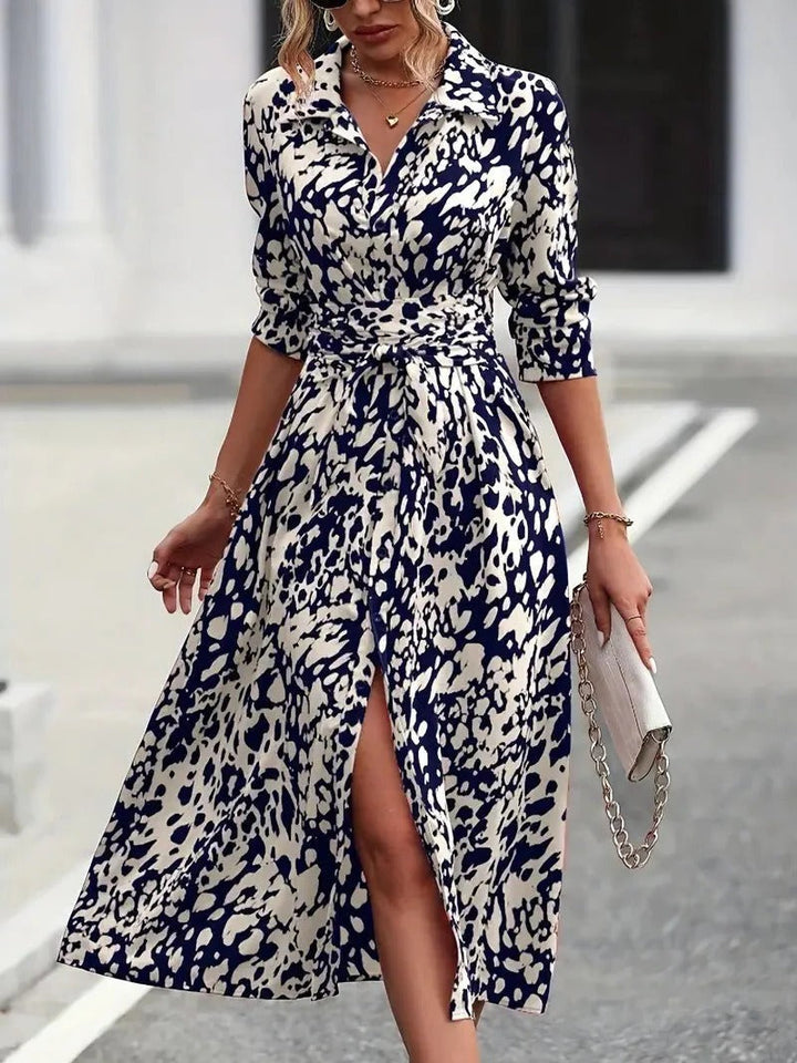 Valentina | Dames Abstracte Print Knopjurk met Ceintuur Midi
