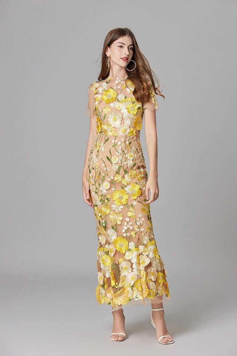 Aurelia | Dames 3D Bloem Appliqué Doorzichtige Mesh Mouwloze Maxi Jurk