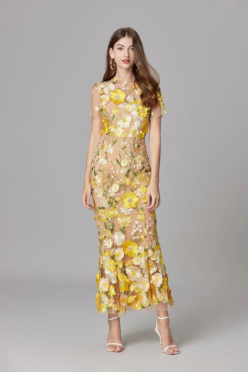 Aurelia | Dames 3D Bloem Appliqué Doorzichtige Mesh Mouwloze Maxi Jurk