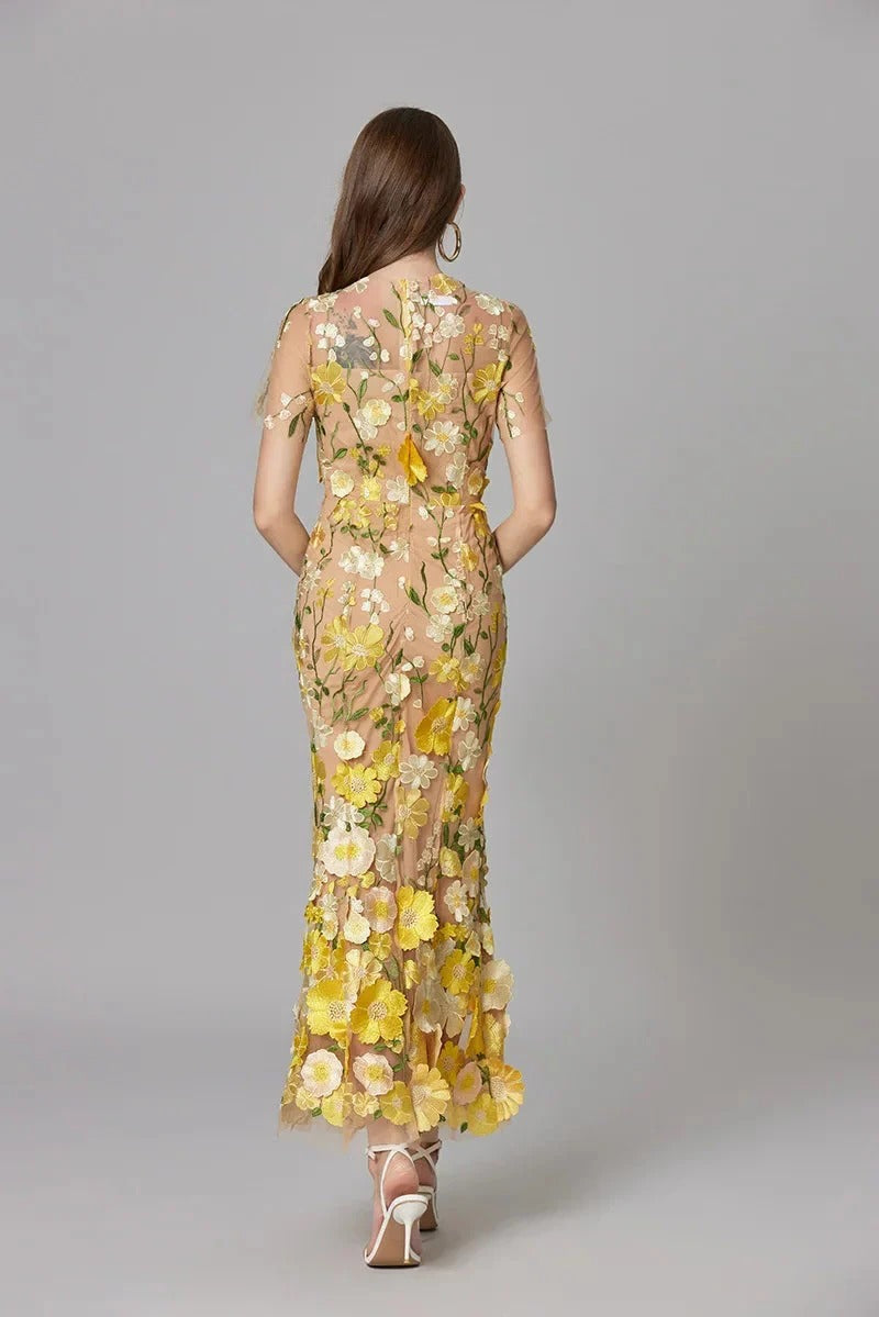 Aurelia | Dames 3D Bloem Appliqué Doorzichtige Mesh Mouwloze Maxi Jurk