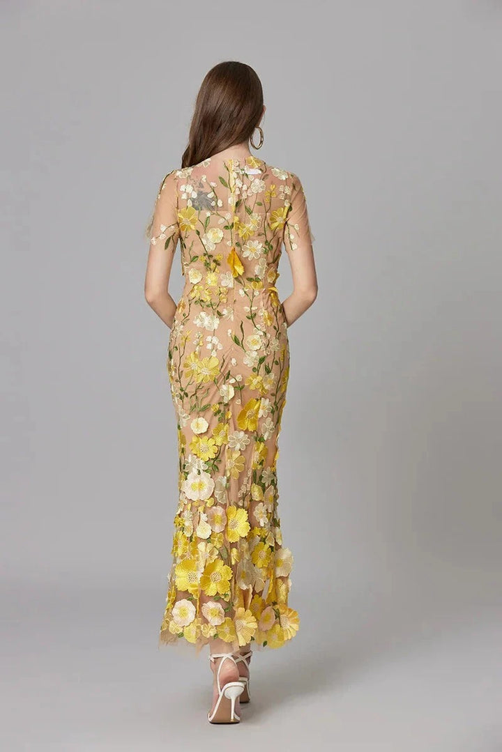 Aurelia | Dames 3D Bloem Appliqué Doorzichtige Mesh Mouwloze Maxi Jurk