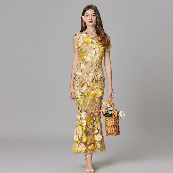 Aurelia | Dames 3D Bloem Appliqué Doorzichtige Mesh Mouwloze Maxi Jurk