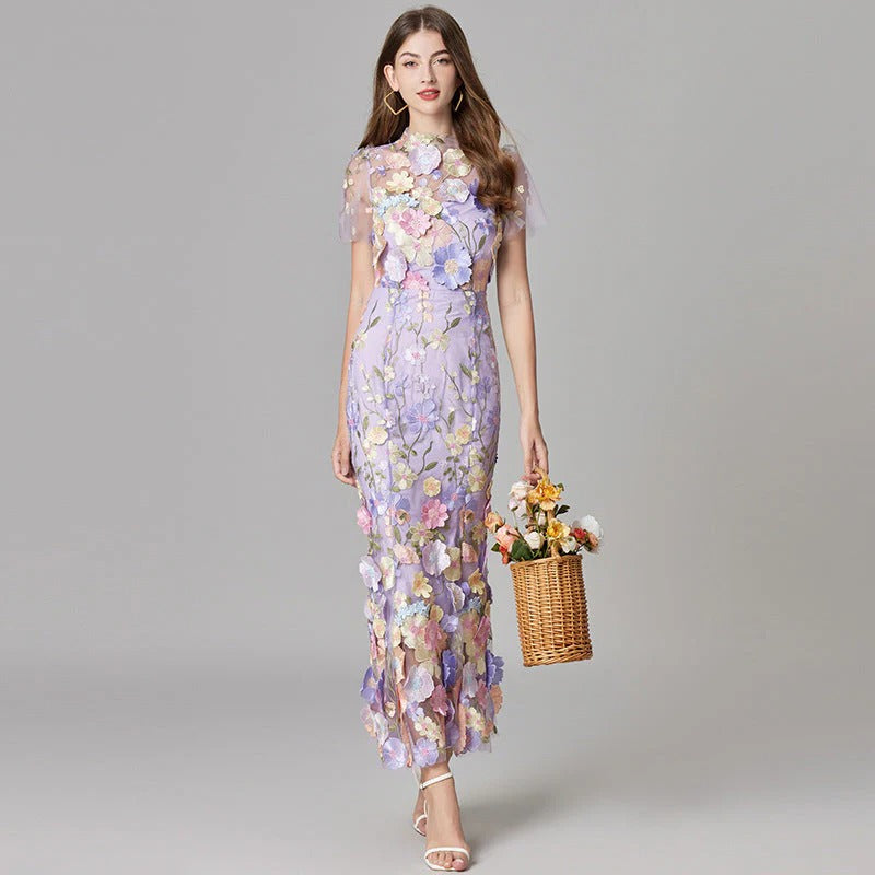 Aurelia | Dames 3D Bloem Appliqué Doorzichtige Mesh Mouwloze Maxi Jurk