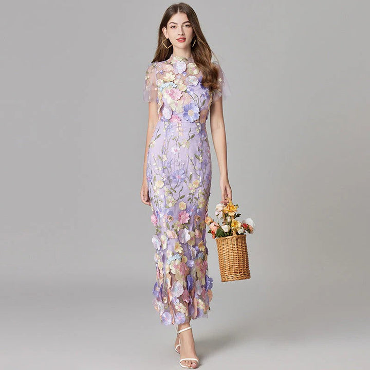 Aurelia | Dames 3D Bloem Appliqué Doorzichtige Mesh Mouwloze Maxi Jurk