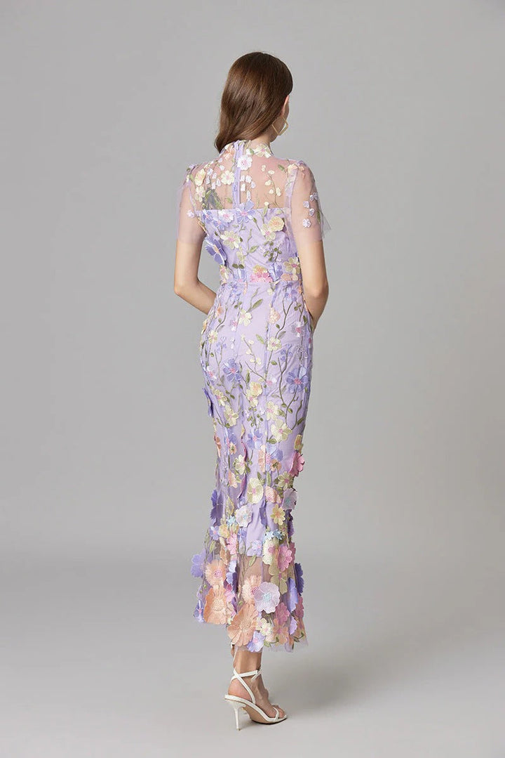 Aurelia | Dames 3D Bloem Appliqué Doorzichtige Mesh Mouwloze Maxi Jurk