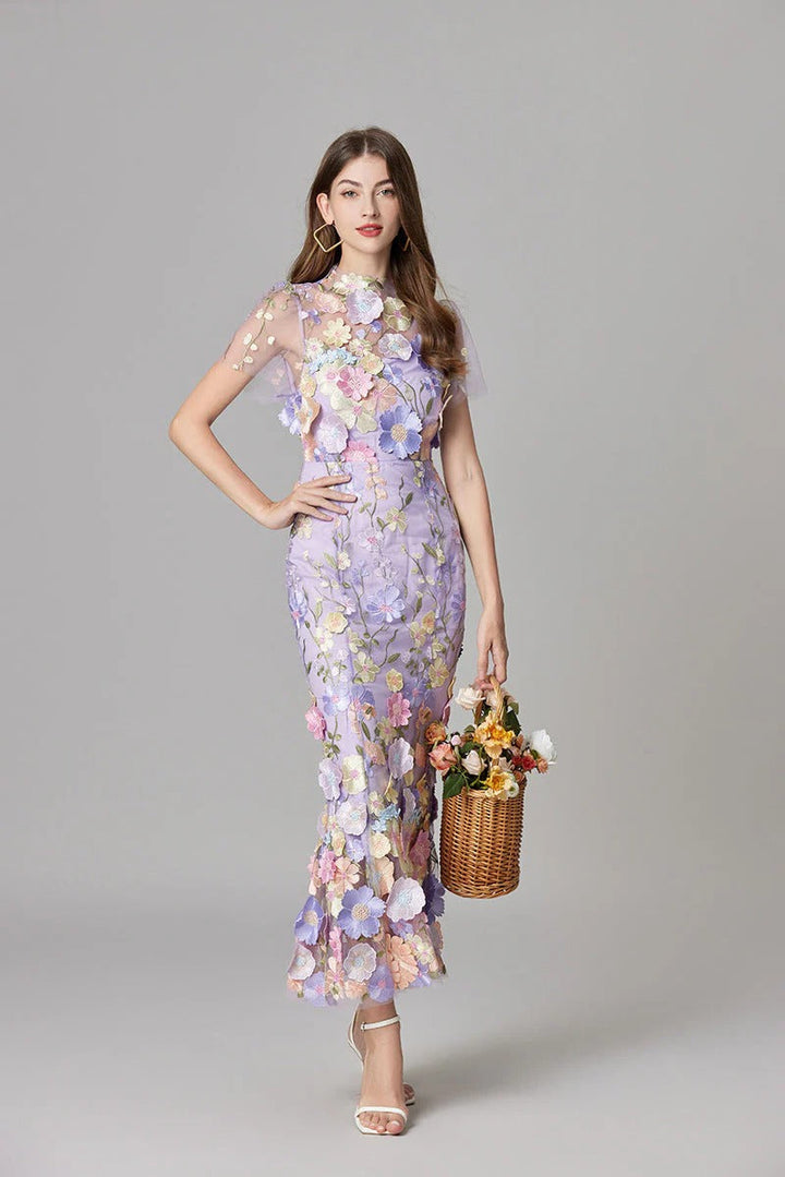 Aurelia | Dames 3D Bloem Appliqué Doorzichtige Mesh Mouwloze Maxi Jurk