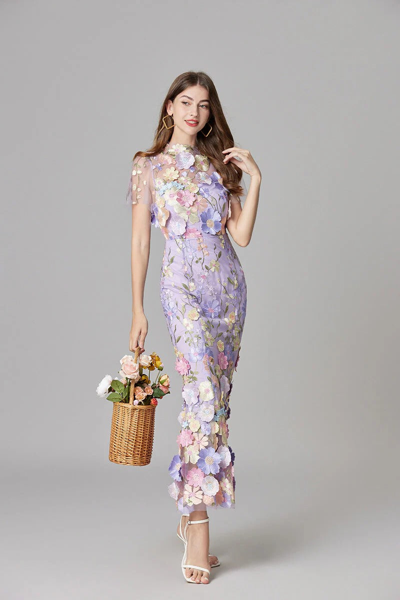 Aurelia | Dames 3D Bloem Appliqué Doorzichtige Mesh Mouwloze Maxi Jurk