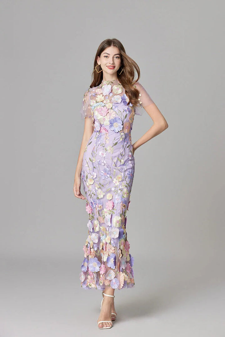 Aurelia | Dames 3D Bloem Appliqué Doorzichtige Mesh Mouwloze Maxi Jurk