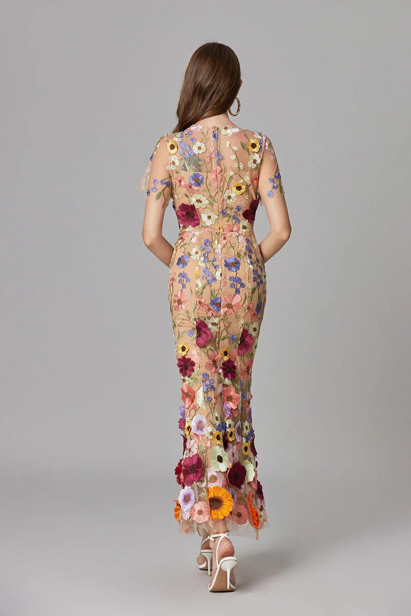 Aurelia | Dames 3D Bloem Appliqué Doorzichtige Mesh Mouwloze Maxi Jurk