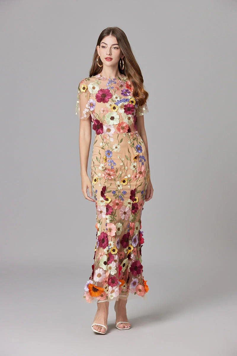 Aurelia | Dames 3D Bloem Appliqué Doorzichtige Mesh Mouwloze Maxi Jurk