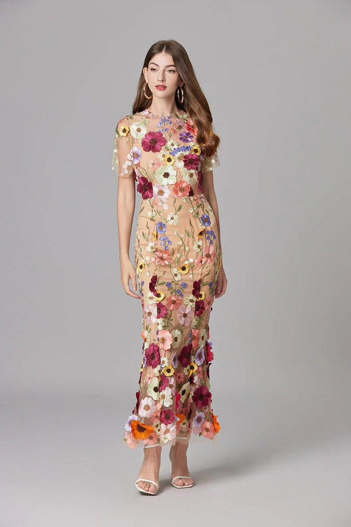 Aurelia | Dames 3D Bloem Appliqué Doorzichtige Mesh Mouwloze Maxi Jurk