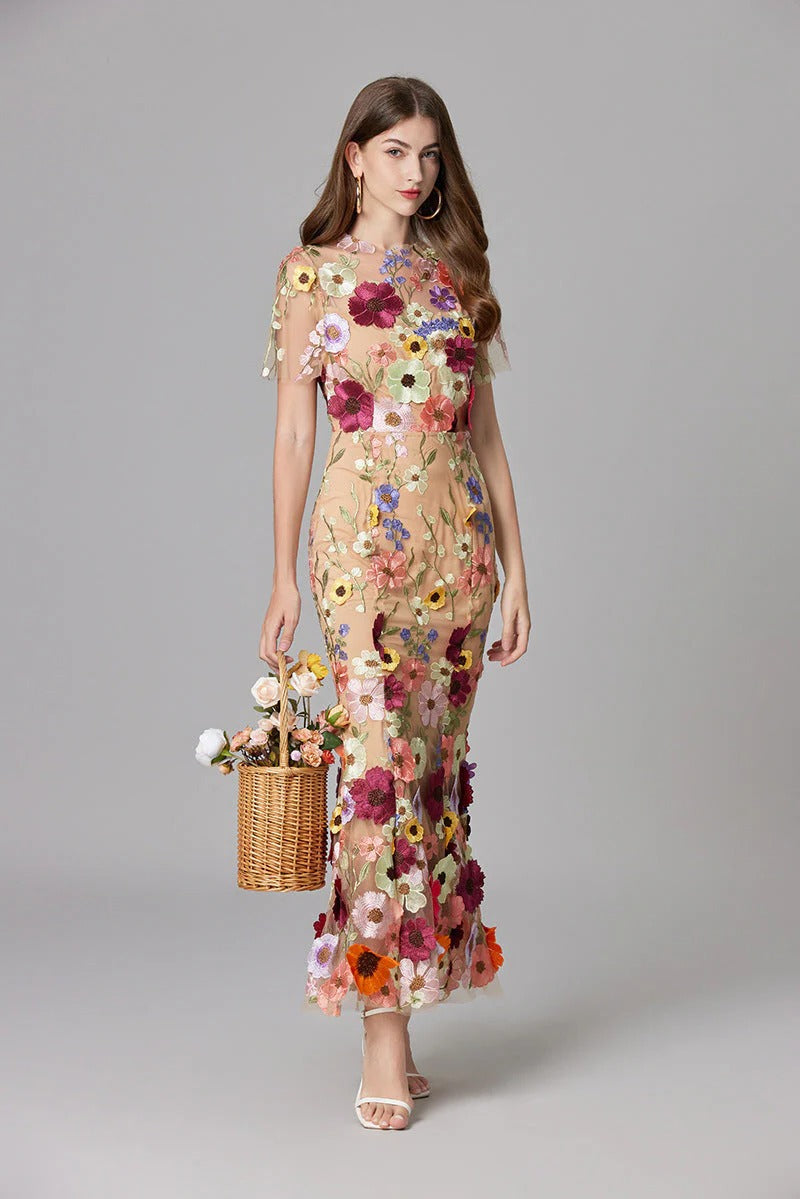 Aurelia | Dames 3D Bloem Appliqué Doorzichtige Mesh Mouwloze Maxi Jurk
