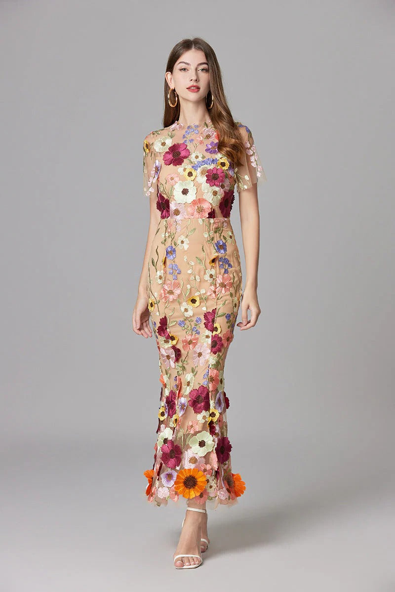 Aurelia | Dames 3D Bloem Appliqué Doorzichtige Mesh Mouwloze Maxi Jurk