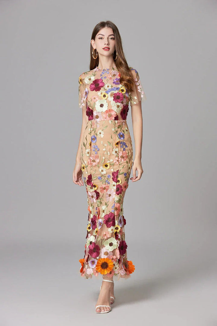 Aurelia | Dames 3D Bloem Appliqué Doorzichtige Mesh Mouwloze Maxi Jurk