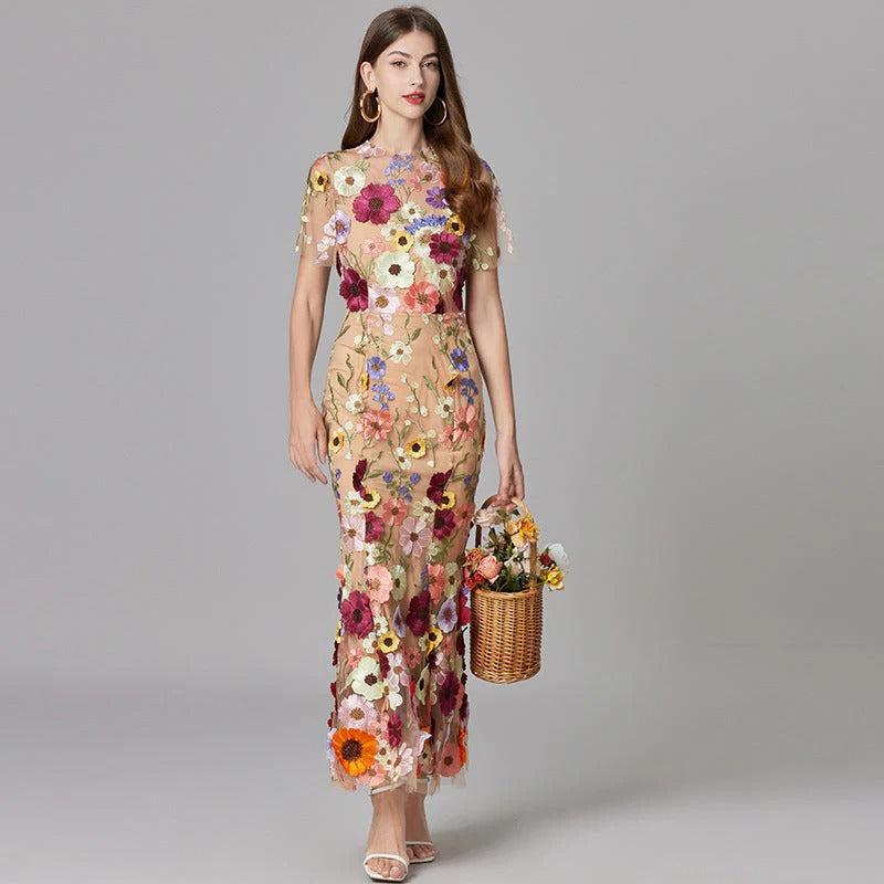 Aurelia | Dames 3D Bloem Appliqué Doorzichtige Mesh Mouwloze Maxi Jurk