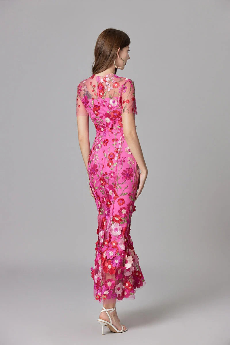 Aurelia | Dames 3D Bloem Appliqué Doorzichtige Mesh Mouwloze Maxi Jurk