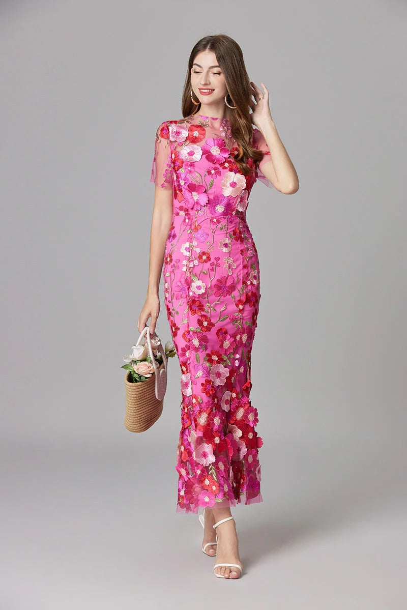 Aurelia | Dames 3D Bloem Appliqué Doorzichtige Mesh Mouwloze Maxi Jurk
