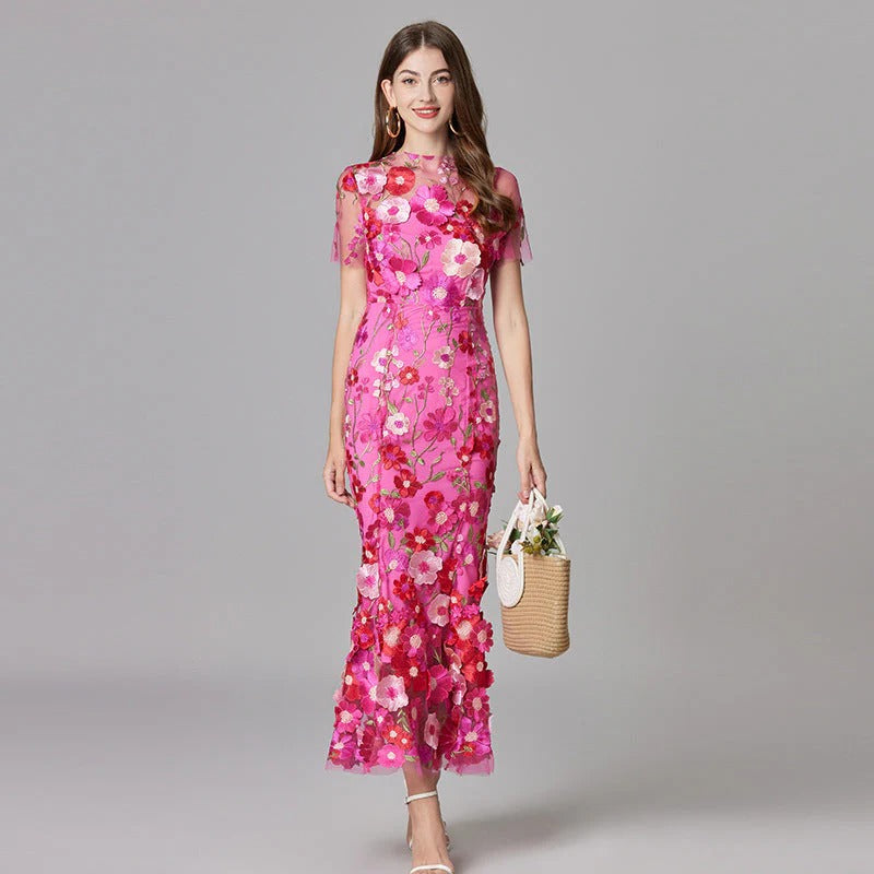 Aurelia | Dames 3D Bloem Appliqué Doorzichtige Mesh Mouwloze Maxi Jurk