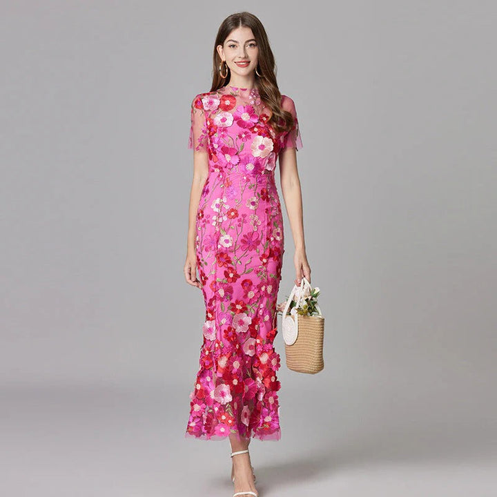 Aurelia | Dames 3D Bloem Appliqué Doorzichtige Mesh Mouwloze Maxi Jurk