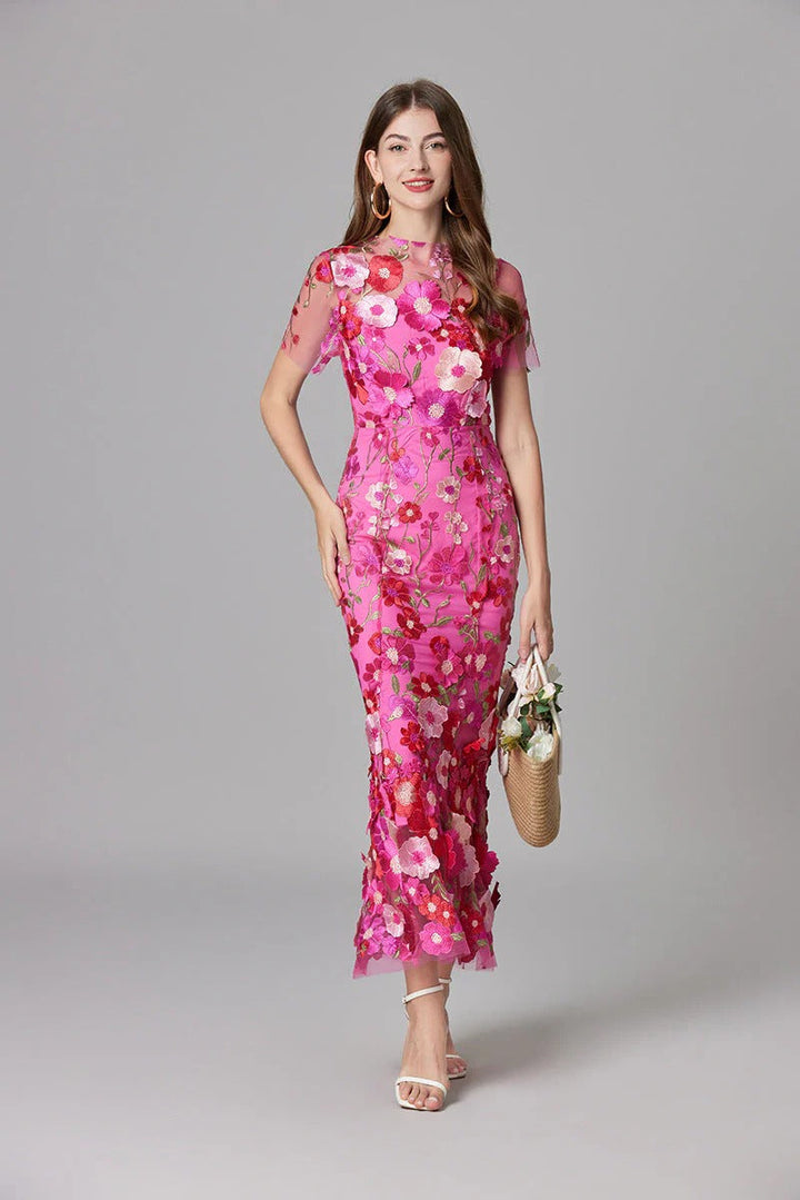 Aurelia | Dames 3D Bloem Appliqué Doorzichtige Mesh Mouwloze Maxi Jurk
