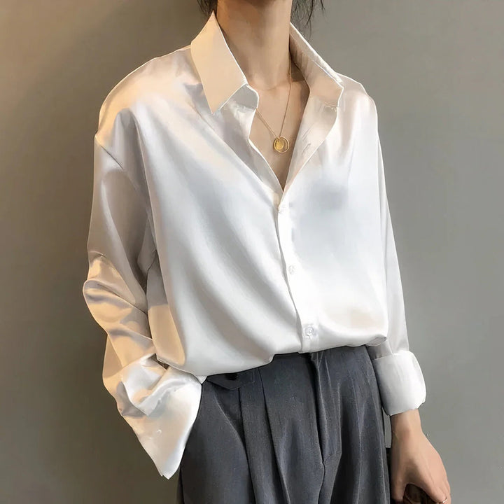 Sage | Dames Satijnen Blouse met Knopen Lange Mouwen Kraag Shirt