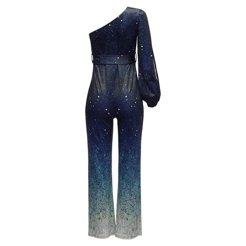 Roxanne | Dames Eén Schouder Pailletten Ombre Flare Leg Jumpsuit
