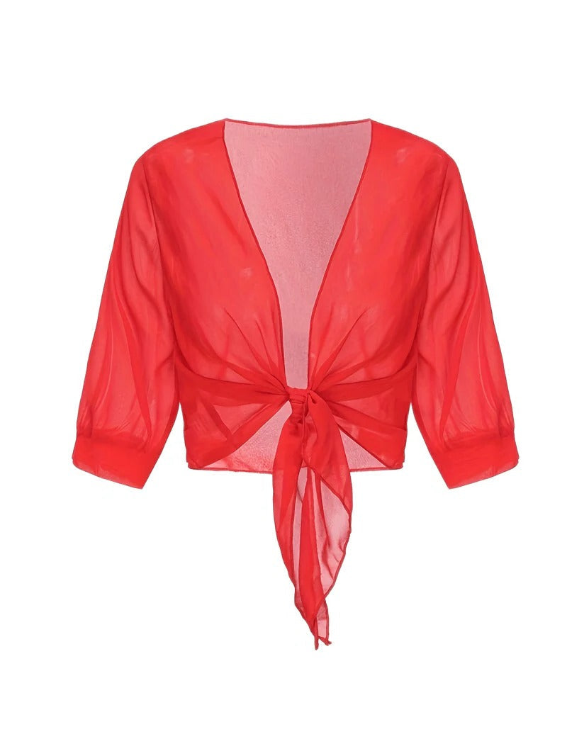 Brisa | Dames Tie Front Transparante Blouse Open Voorzijde 3/4 Mouw Top