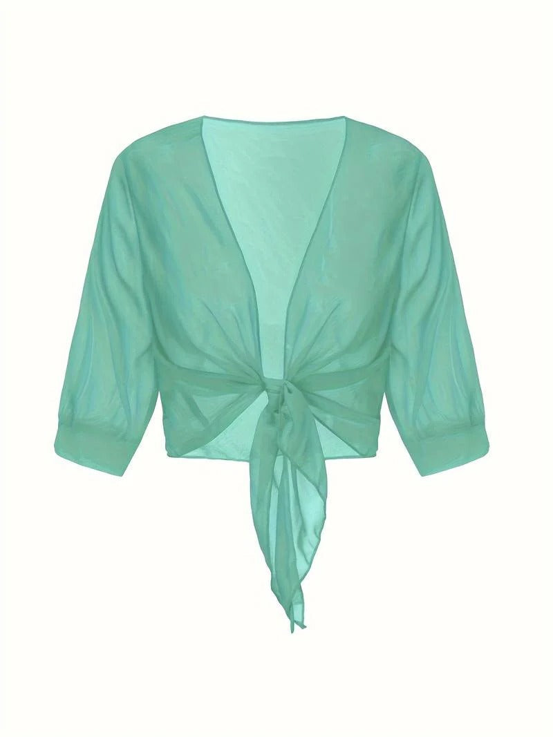 Brisa | Dames Tie Front Transparante Blouse Open Voorzijde 3/4 Mouw Top