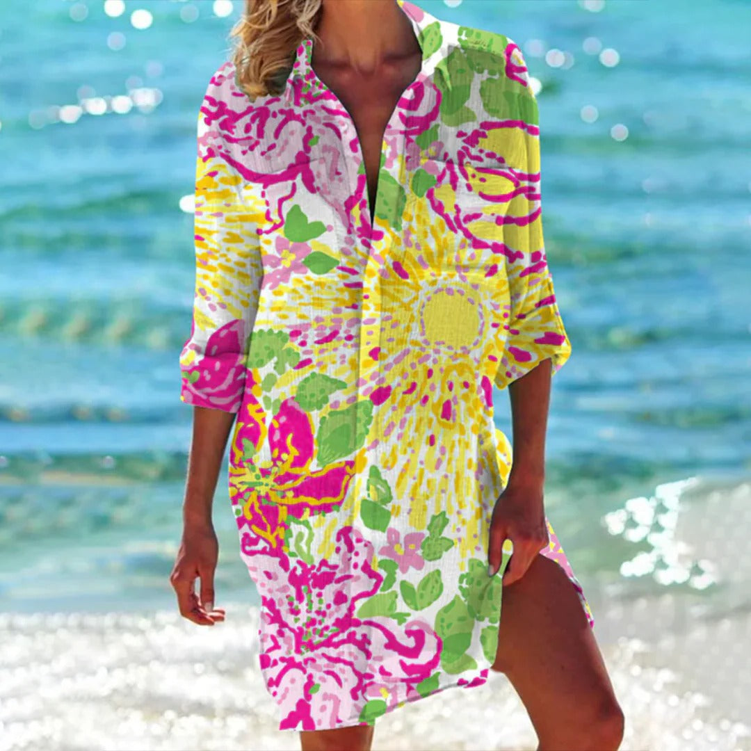 Coralie | Dames Tropische Print Overhemdjurk met 3/4 Mouwen Strand Cover-Up