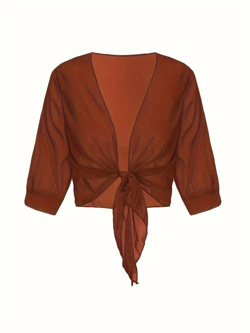 Brisa | Dames Tie Front Transparante Blouse Open Voorzijde 3/4 Mouw Top
