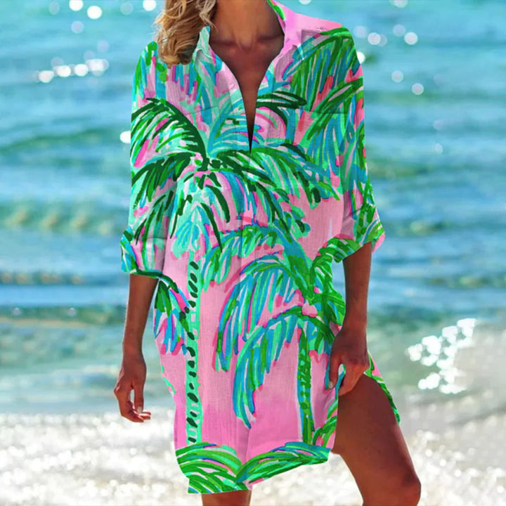 Coralie | Dames Tropische Print Overhemdjurk met 3/4 Mouwen Strand Cover-Up