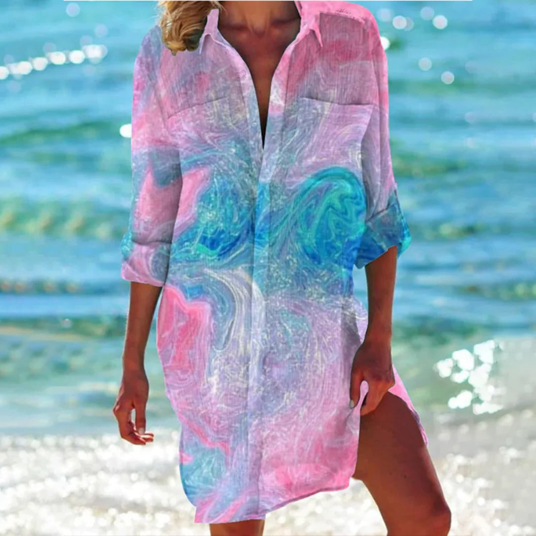 Coralie | Dames Tropische Print Overhemdjurk met 3/4 Mouwen Strand Cover-Up